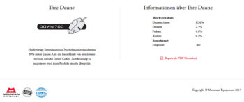 Auch die Infos zur Qualität der Daunenfüllung lassen sich so abrufen. | Screenshot: www.thedowncodex.de