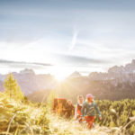 Zwei Wanderer auf einer Sommerwiese in der Sonne mit Bergkulisse