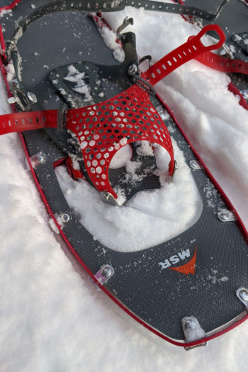 Die Paragon-Bindung am MSR Lightning Ascent Schneeschuh mit rotem Netz.